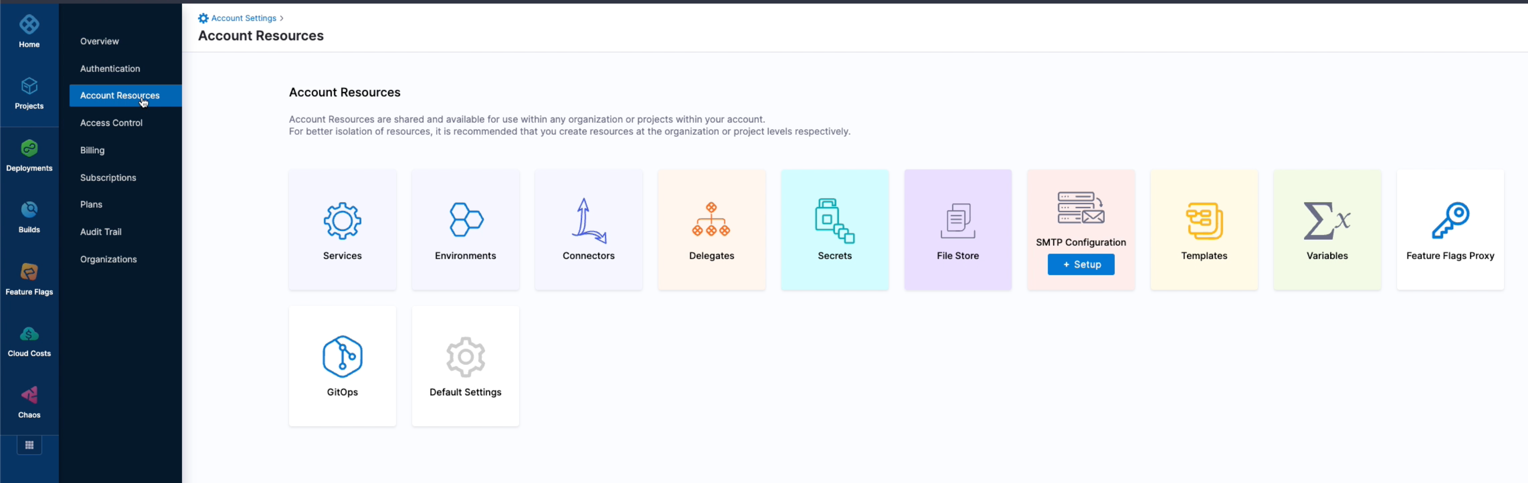 An image of the Account Settings page within the Harness Application.
